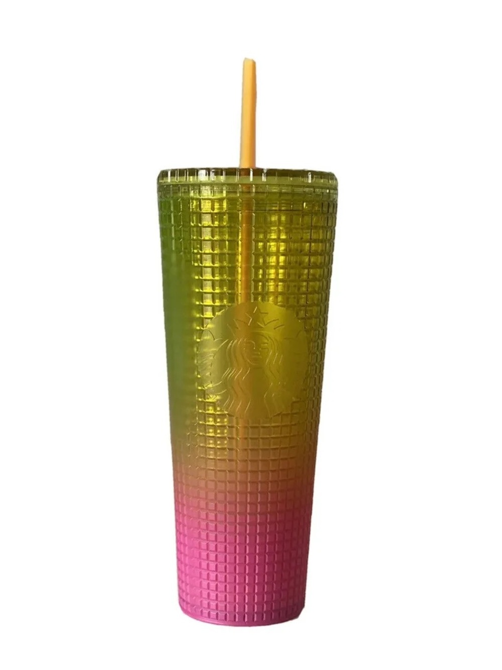 Starbucks 2022 Lemon Yellow Pink Gradient Ombre Grid 24oz Venti Tumbler